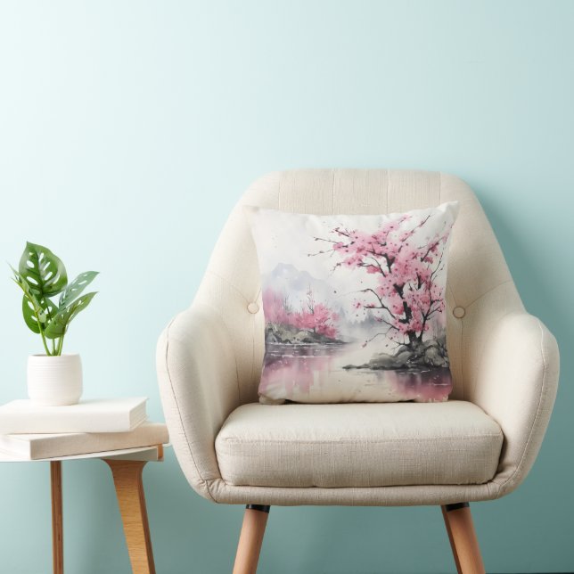 Ink Painting Blooming Tree Throw Pillow (Chair)