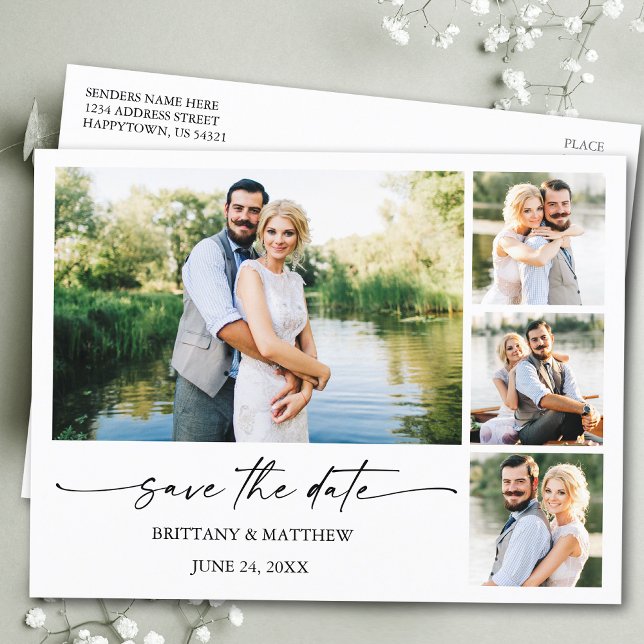 Ink Pen Script 4 Photos Modern Save The Date Postcard (Customize to change your personalized text size or text style.)