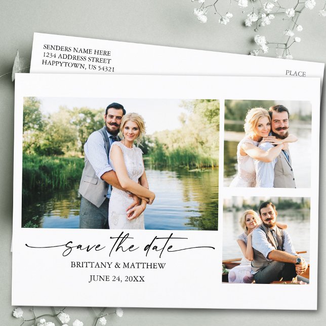 Ink Pen Script Couple 3 Photo Save The Date Postcard (Customize to change your personalized text size or text style.)