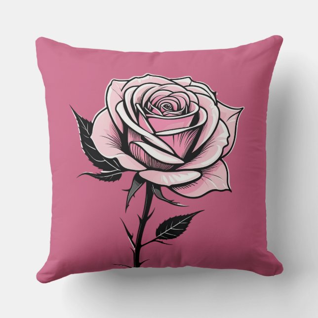 Ink Rose (pink) Throw Pillow (Back)