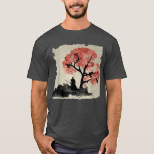 Ink Samurai Under a Sakura Tree Japanese Aesthetic T-Shirt