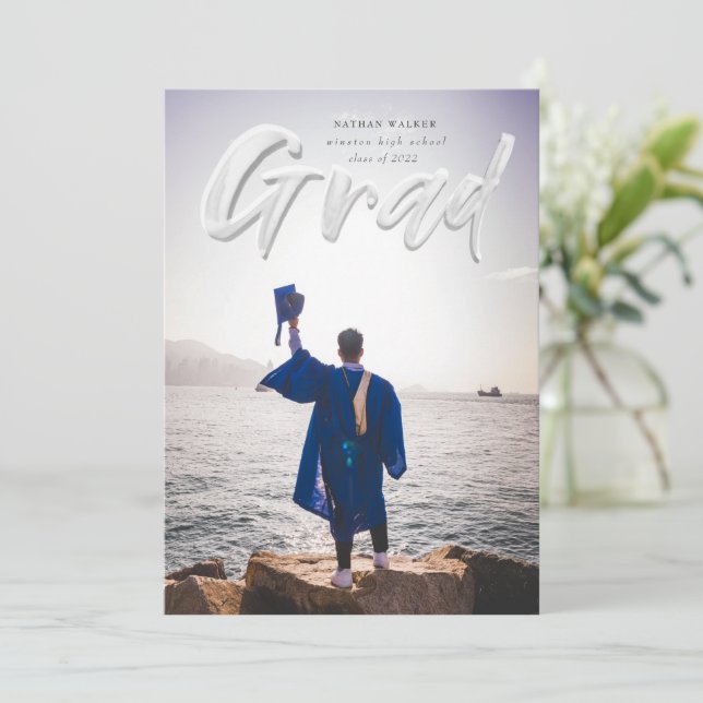 Ink script graduation announcement photo card (Standing Front)