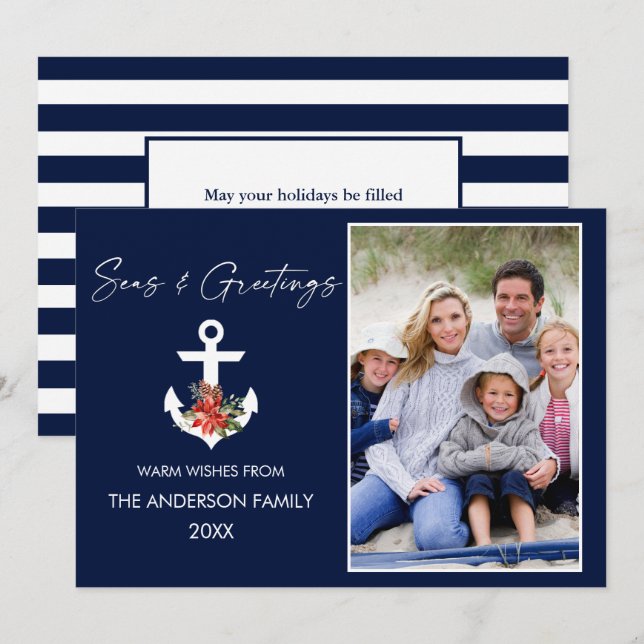 Ink Script Seas and Greetings Poinsettia Anchor Holiday Card (Front/Back)