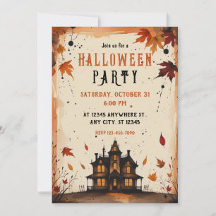 Ink Splatters And Falling Leaves Halloween Party Invitation