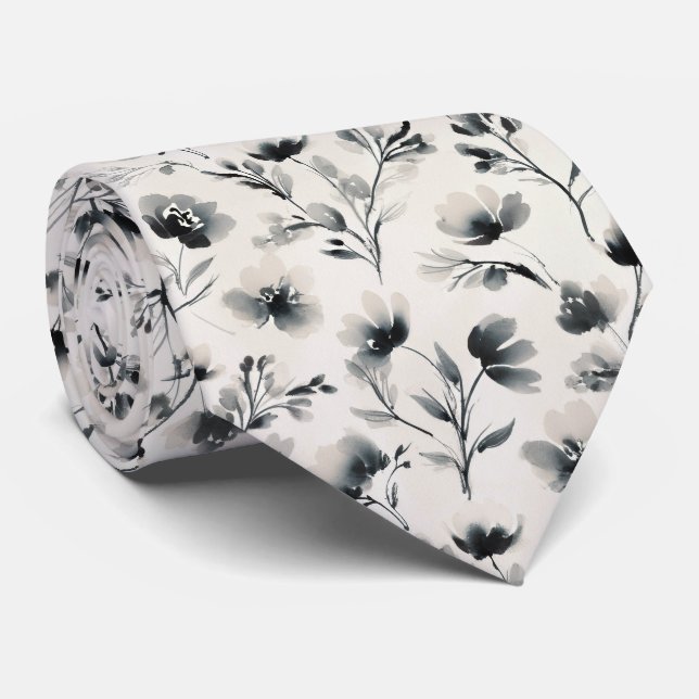 Ink Wash Floral Pattern Tie (Rolled)