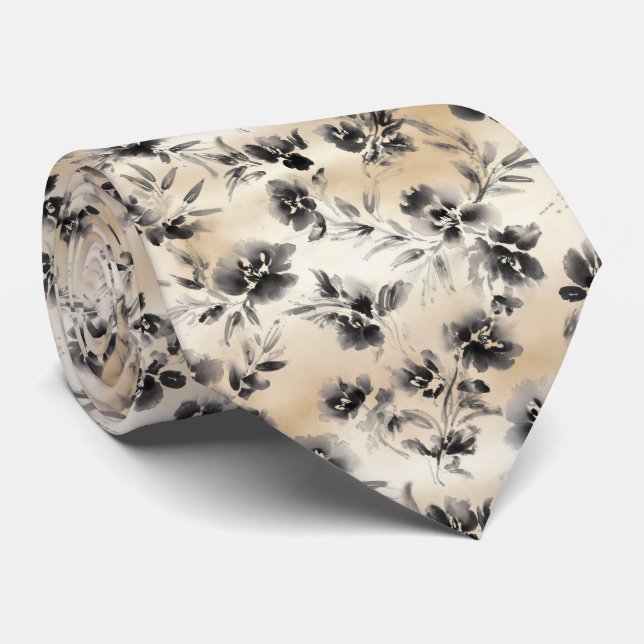Ink Wash Floral Pattern Tie (Rolled)