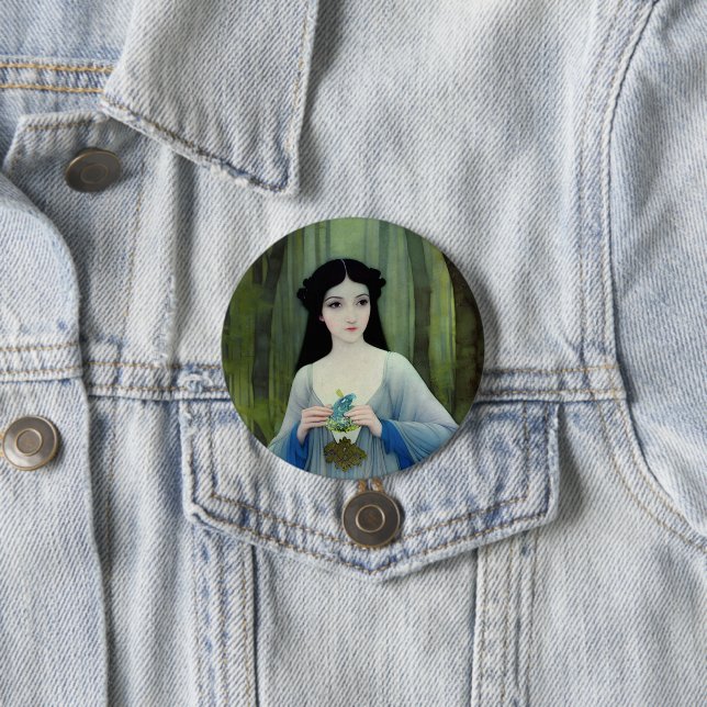 Ink Wash Illustration of Beautiful Woman in Woods 3 Inch Round Button (In Situ)