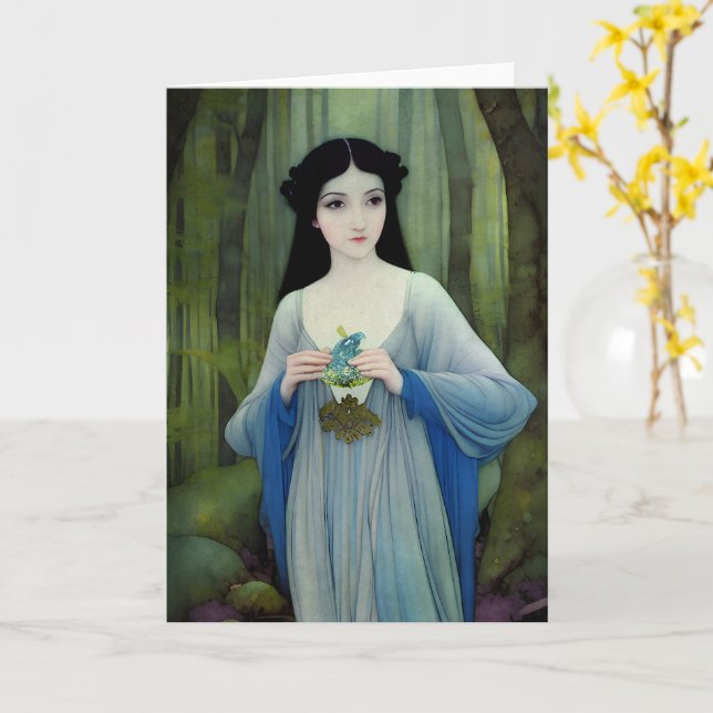 Ink Wash Illustration of Beautiful Woman in Woods Card (Yellow Flower)