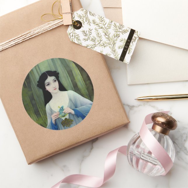 Ink Wash Illustration of Beautiful Woman in Woods Classic Round Sticker (Gifting)