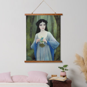 Ink Wash Illustration of Beautiful Woman in Woods Hanging Tapestry