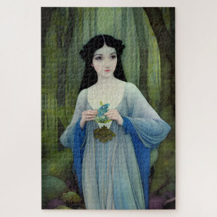 Ink Wash Illustration of Beautiful Woman in Woods Jigsaw Puzzle