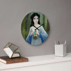 Ink Wash Illustration of Beautiful Woman in Woods Large Clock