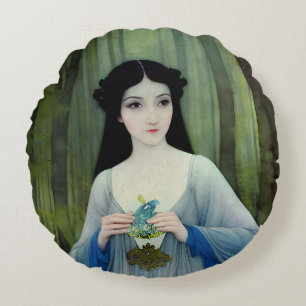 Ink Wash Illustration of Beautiful Woman in Woods Round Pillow