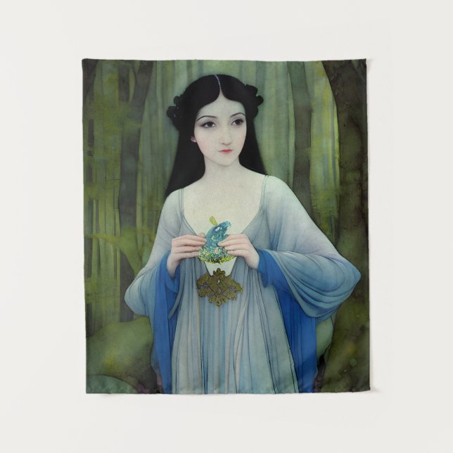 Ink Wash Illustration of Beautiful Woman in Woods Tapestry (Front)