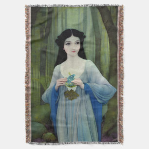 Ink Wash Illustration of Beautiful Woman in Woods Throw Blanket
