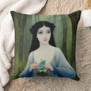 Ink Wash Illustration of Beautiful Woman in Woods Throw Pillow