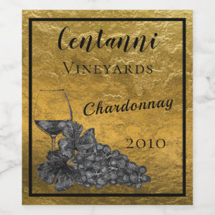 Ink Wine Glass Grapes Gold Background Wine Label