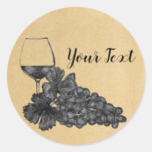 Ink Wine Glass Grapes Old Paper Background Classic Round Sticker