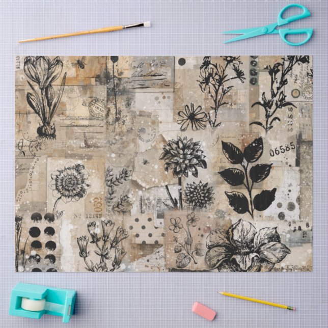 Inked Botanical Collage Decoupage Tissue Paper (Craft)