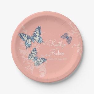 Inked butterflies coral dark blue art wedding paper plate