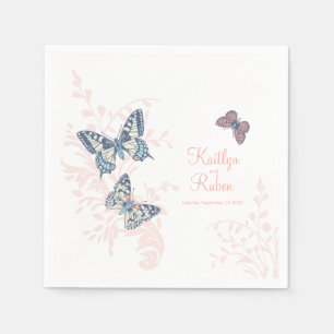 Inked butterflies coral white art wedding  napkin