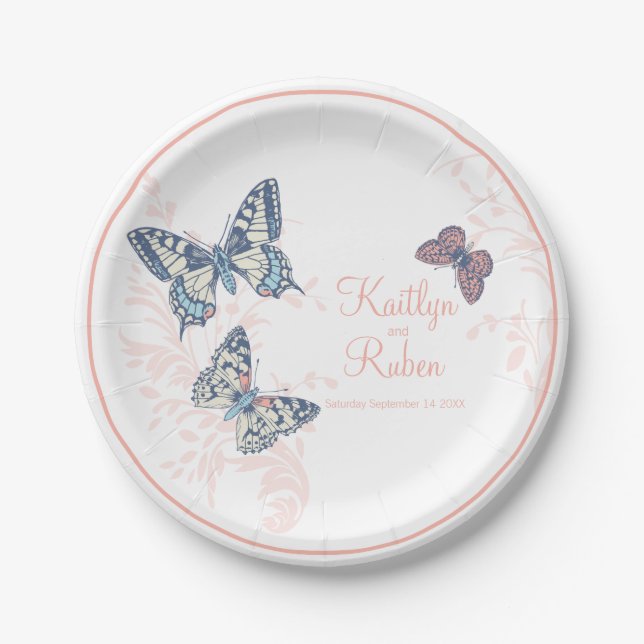 Inked butterflies coral white art wedding paper plate (Front)