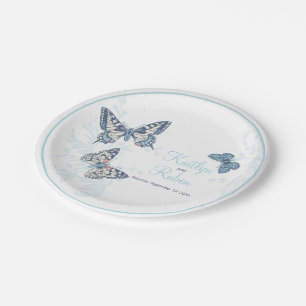 Inked butterflies sky blue coral white art wedding paper plate