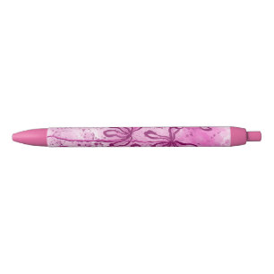 Inked Flowers Pink  Black Ink Pen