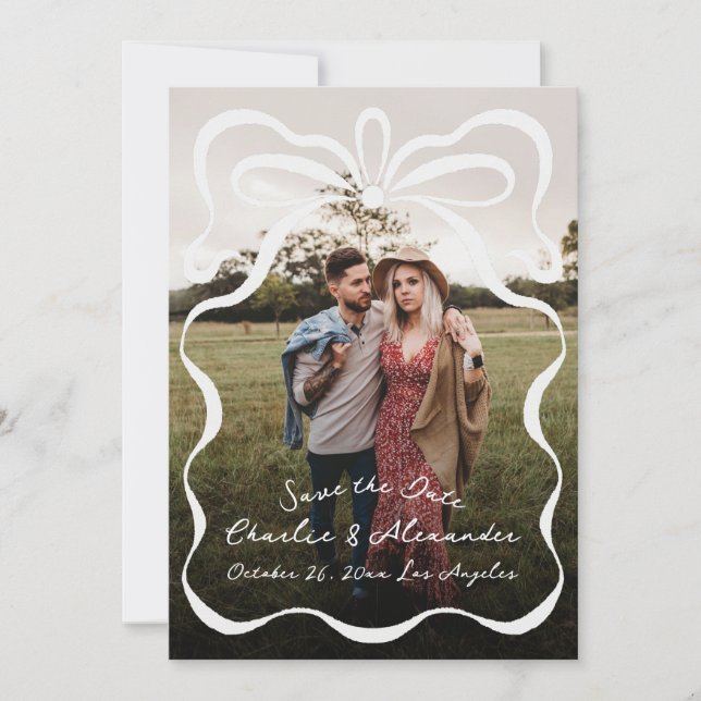 Inked Ribbons and Bow Photo Save The Date (Front)