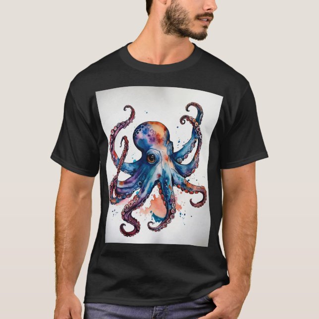 Inked Waves: Tattoo Watercolor Octopus T-Shirt Des (Front)