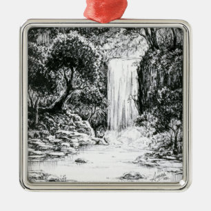 Inktober 2018 Day 21 - Waterfall in the Woods Metal Ornament