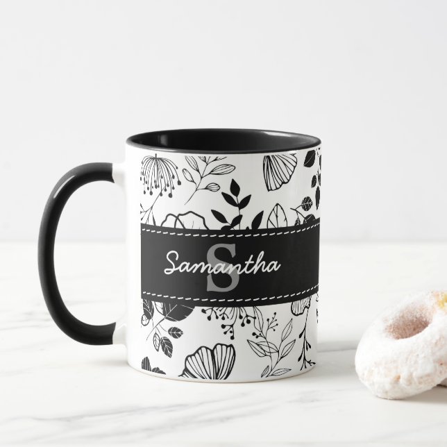 Inky black florals custom mug (With Donut)