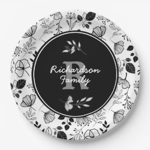 Inky black florals custom paper plate