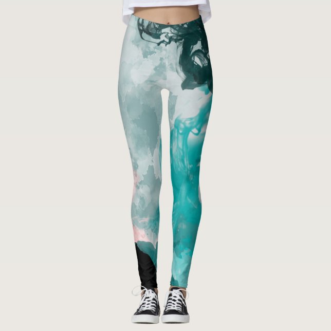 Inky Blue Green Turquoise Teal Peach Fashion Leggings (Front)