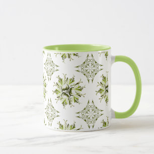 Inky Floral Coffee Mug   Shades of Green and White