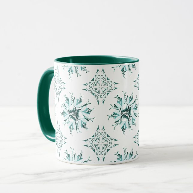 Inky Floral Coffee Mug | Teal and Green and White (Front Left)