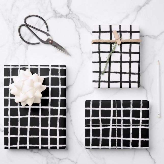 Inky Lines Grid Brushstrokes Simple Minimal B&W Wrapping Paper Sheet (Front)