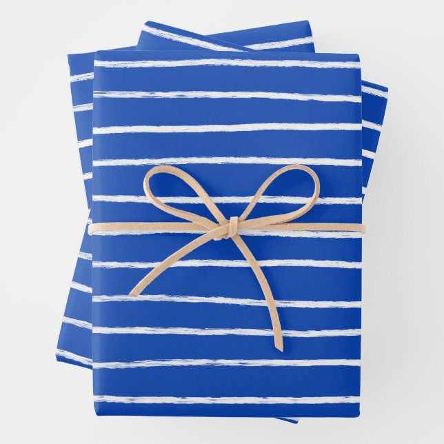 Inky Lines Stripe Brushstrokes Simple Minimal Blue Wrapping Paper Sheet (In situ)