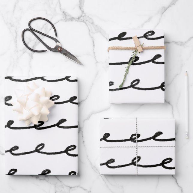 Inky Loop Brushstrokes Simple Minimal Black White  Wrapping Paper Sheet (Front)
