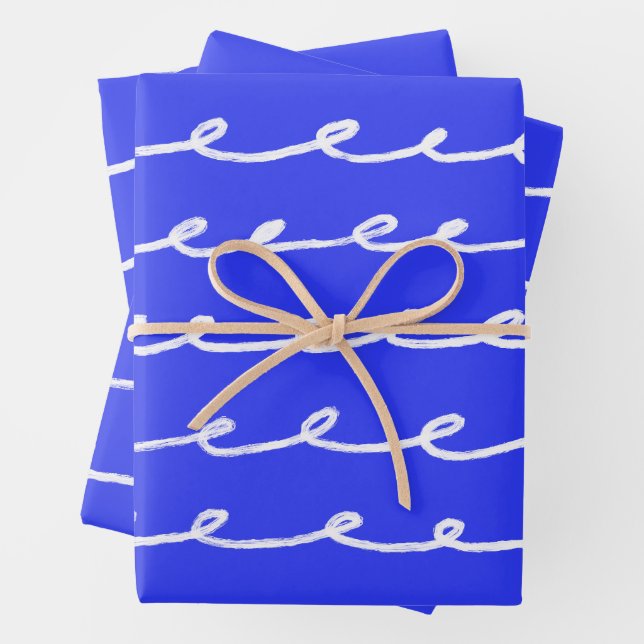 Inky Loops Chic Hand Drawn Lines Blue & White Wrapping Paper Sheet (In situ)