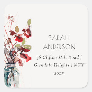 Inky Red Green Vintage Boho Florals Address Square Sticker