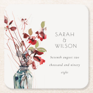 Inky Red Green Vintage Boho Florals Wedding Square Paper Coaster