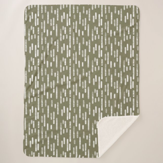 Inky Rounded Lines Pattern | White on Olive Green Sherpa Blanket (Front)
