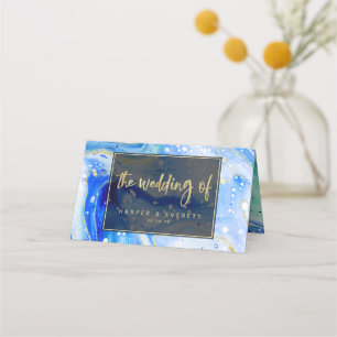 Inky Splash Blue Marble Gold Wedding Table Number Place Card