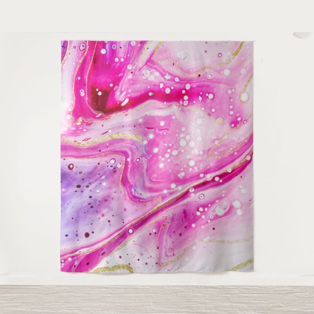 Inky Splash Pink Marble Gold Photo Booth Backdrop Tapestry (Front)