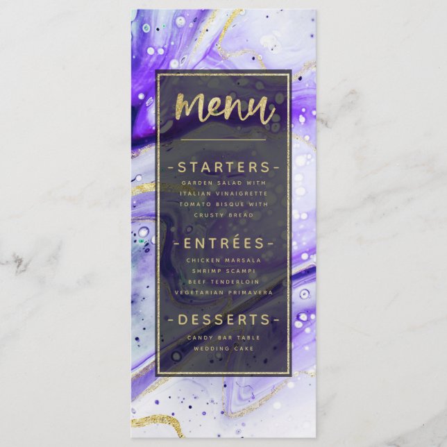 Inky Splash Purple Marble with Gold foil Dinner Menu (Front)