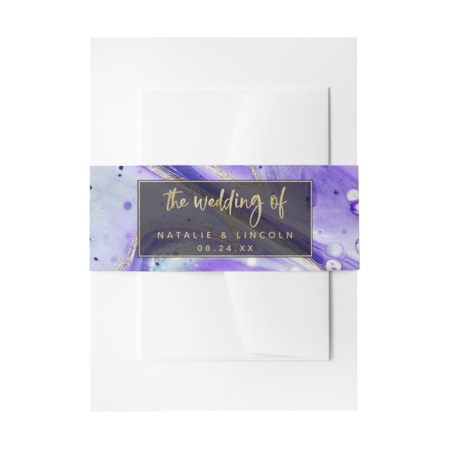 Inky Splash Purple Marble with Gold foil Wedding Invitation Belly Band (Front Example)