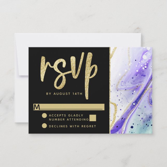 Inky Splash Purple Marble with Gold foil Wedding RSVP Card (Front)