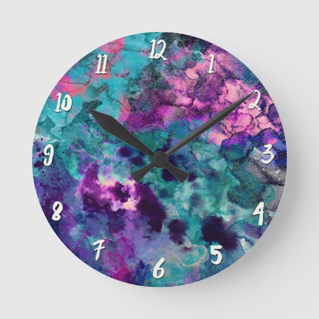 Inky Watercolor Abstract Cosmic Color Painting Round Clock (Front)