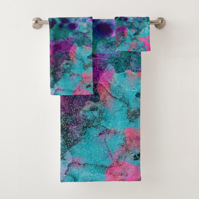 Inky Watercolor Abstract Cosmic Colour Painting Bath Towel Set (Insitu)